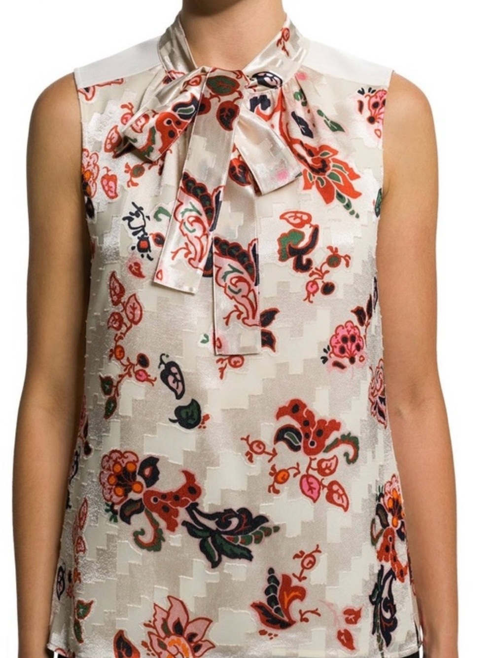 Tory Burch Cream Floral Tie-Neck Silk Camisole with Red & Green Accents.